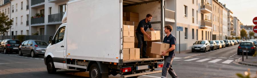Stationnement Camion Demenagement Lambersart Camion déménagement stationné rue résidentielle Lambersart, déménageurs déchargeant cartons