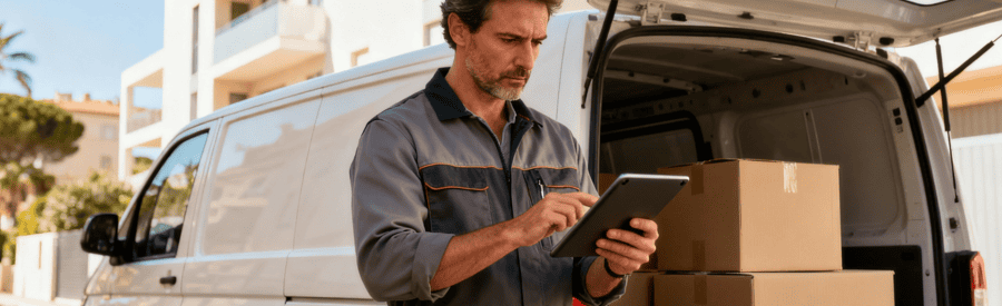 Déménageur établissant devis personnalisé sur tablette, évaluation professionnelle à Toulon