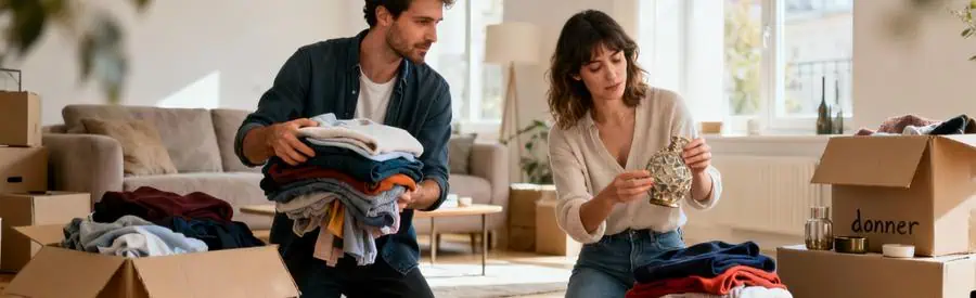 Couple triant vêtements et objets pour réduire volume déménagement, salon lumineux avec cartons ouverts