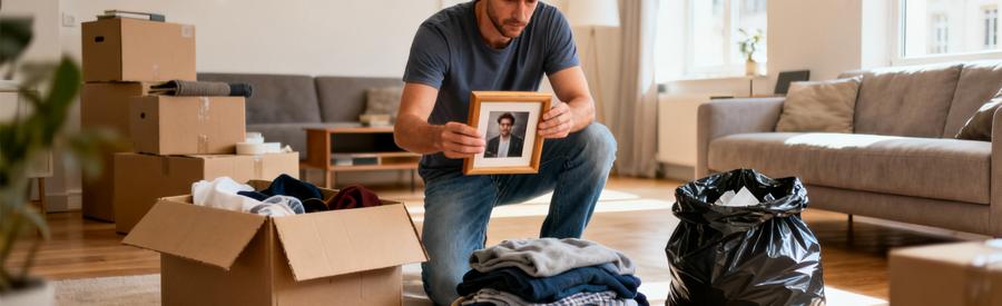 Homme effectuant tri méthodique objets en trois zones avant déménagement, salon moderne lumineux