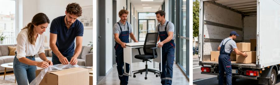 Triptyque déménagements : couple emballant cartons, transport mobilier bureau, chargement petit volume camion