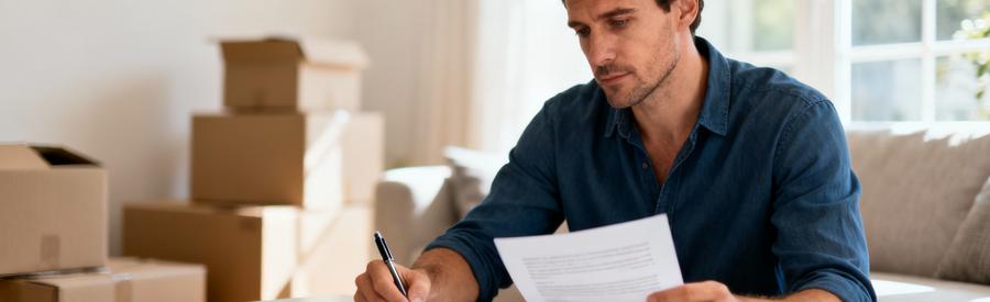 Client vérifiant attentivement documents contrat déménagement avant signature, salon moderne