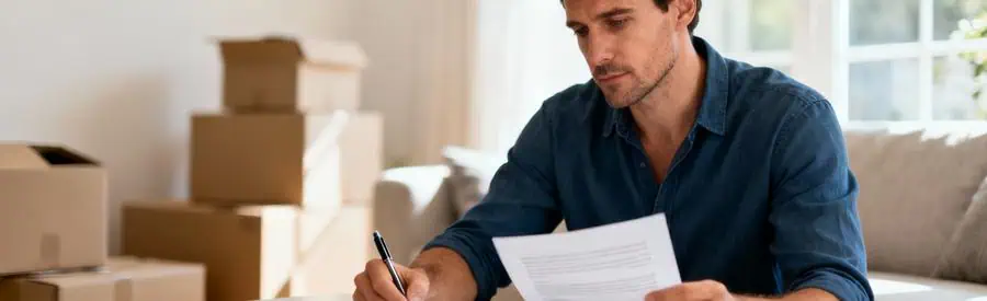 Client vérifiant attentivement documents contrat déménagement avant signature, salon moderne