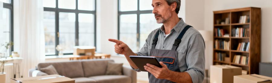 Déménageur effectuant visite technique dans salon moderne, consultant tablette pour estimation volumes