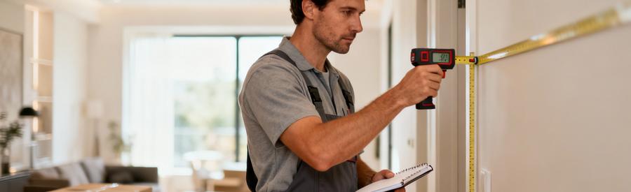 Déménageur professionnel effectuant visite technique avec mètre laser dans appartement moderne