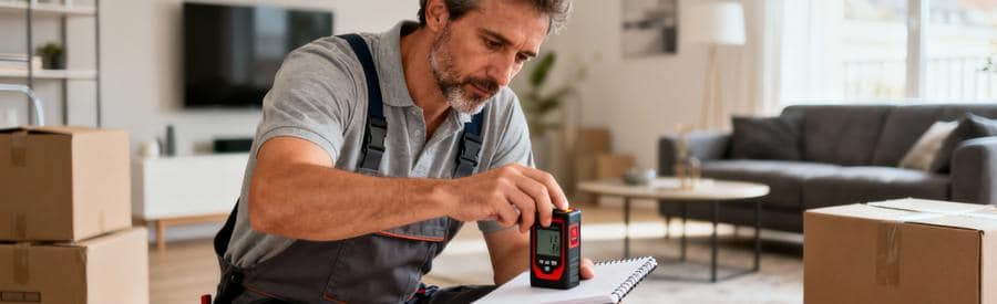 Déménageur professionnel mesurant volume salon avec laser lors visite technique appartement Beauvais
