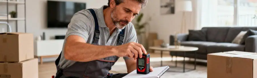 Déménageur professionnel mesurant volume salon avec laser lors visite technique appartement Beauvais