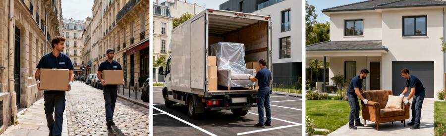 Trois situations de déménagement à Brest : rue piétonne centre-ville, parking résidentiel et maison individuelle