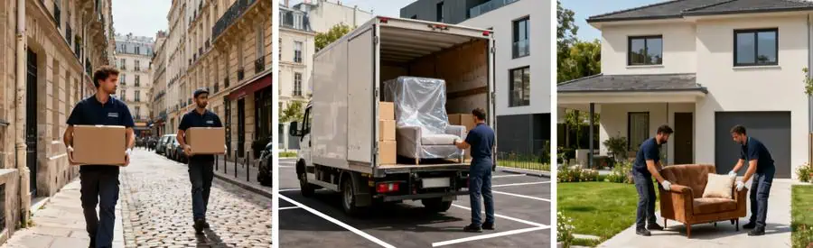 Trois situations de déménagement à Brest : rue piétonne centre-ville, parking résidentiel et maison individuelle
