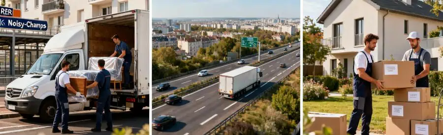 Triptyque montrant accessibilité transport pour déménagement à Champs-sur-Marne avec RER et autoroutes