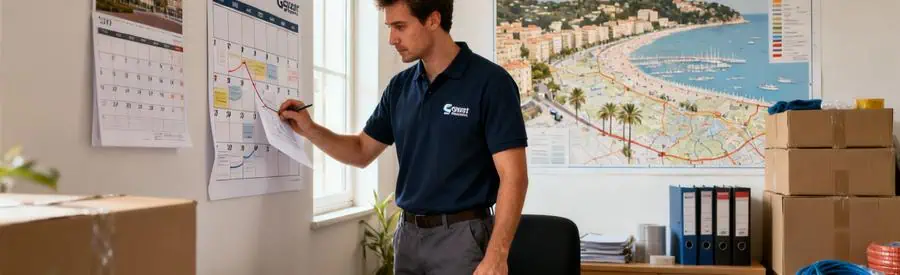 Déménageur professionnel organisant planning et réservations dans agence de déménagement à Cannes
