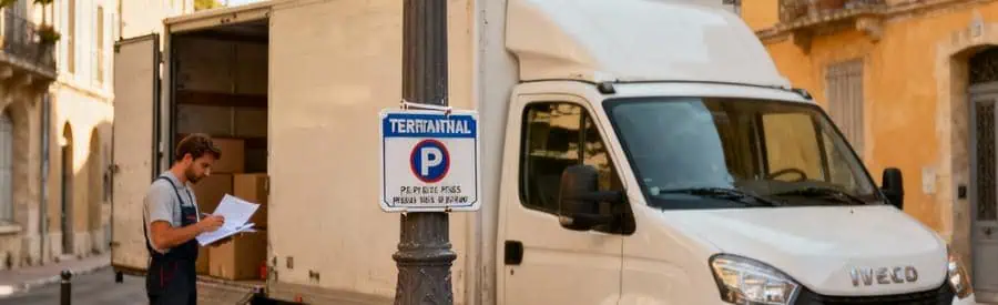 Camion déménagement stationné légalement en centre-ville Avignon, déménageur vérifiant documents autorisation