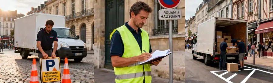 Triptyque illustrant les étapes d'autorisation de stationnement pour déménagement en centre-ville de Rouen