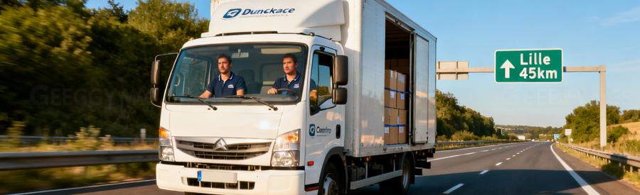 Camion de déménagement professionnel en route sur autoroute entre Dunkerque et Lille avec signalisation visible