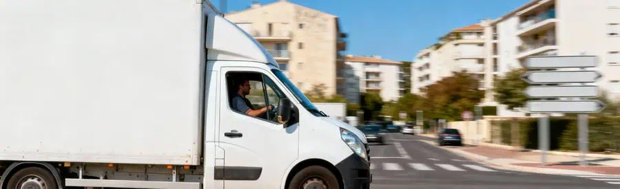Camion déménagement circulant boulevard résidentiel moderne Avignon, immeubles contemporains arrière-plan