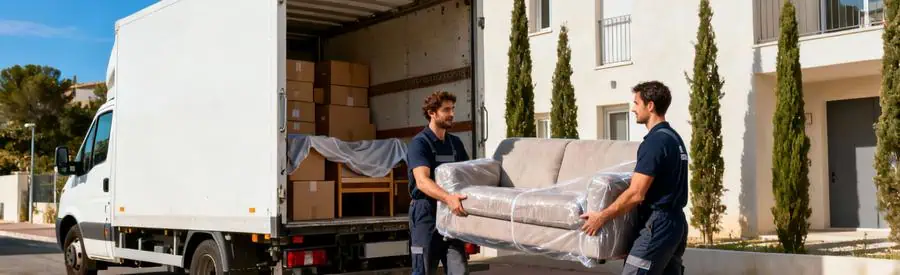 Camion déménagement ouvert, deux professionnels transportant canapé emballé devant immeuble moderne Avignon