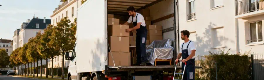 Camion de déménagement professionnel en cours de chargement dans un quartier résidentiel de Poissy