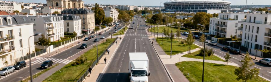 Camion de déménagement circulant à Saint-Denis avec la Basilique royale et le Stade de France en arrière-plan