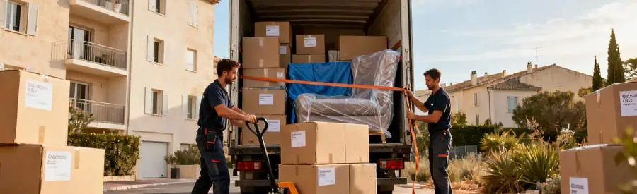 Déménageurs chargeant cartons et meubles dans camion devant immeuble résidentiel à Aix-en-Provence