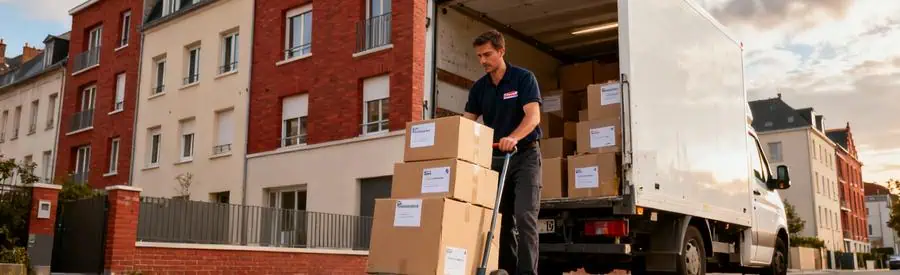 Déménageur chargeant des cartons dans un camion devant un immeuble résidentiel à Dunkerque
