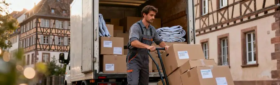 Déménageur chargeant cartons dans camion devant immeuble strasbourgeois typique avec architecture alsacienne