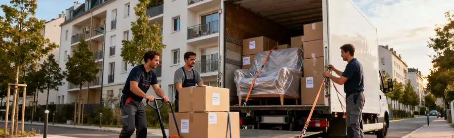 Déménageurs chargeant cartons et meubles dans camion devant immeuble nantais pour déménagement studio local