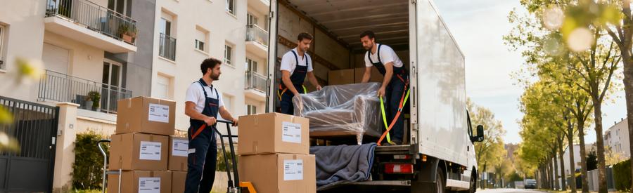 Chargement Camion Demenagement Viry Chatillon Déménageurs chargeant camion devant immeuble résidentiel à Viry-Châtillon avec cartons et meubles protégés