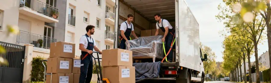Déménageurs chargeant camion devant immeuble résidentiel à Viry-Châtillon avec cartons et meubles protégés