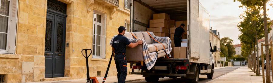 Déménageur chargeant canapé protégé dans camion devant immeuble bordelais en pierre blonde avec équipement pro