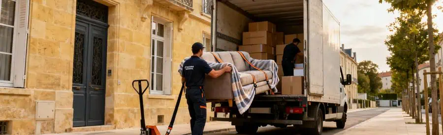 Déménageur chargeant canapé protégé dans camion devant immeuble bordelais en pierre blonde avec équipement pro