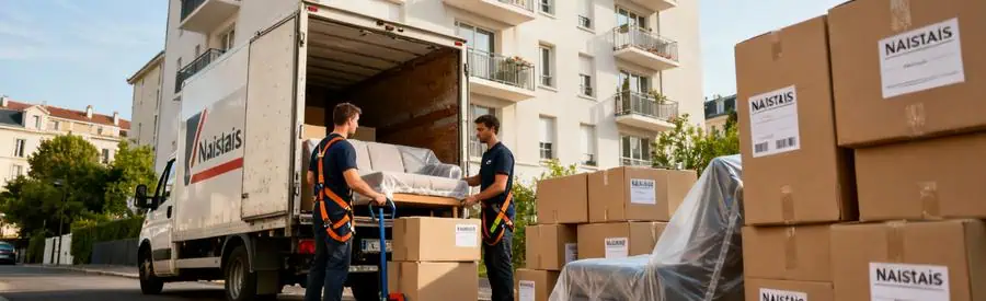 Déménageurs chargeant méthodiquement cartons et meubles dans camion devant immeuble nantais moderne