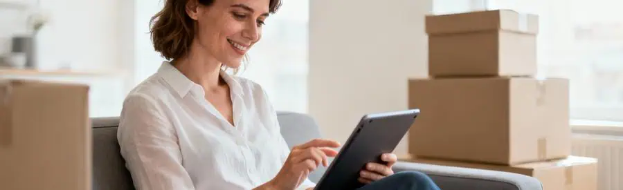 Femme consultant tablette pour comparer devis déménagement, cartons en arrière-plan, salon moderne Avignon