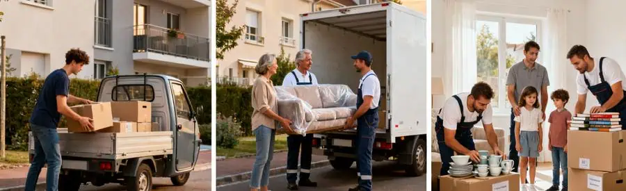 Trois scènes illustrant formules déménagement : autonome, standard avec professionnels, et service complet