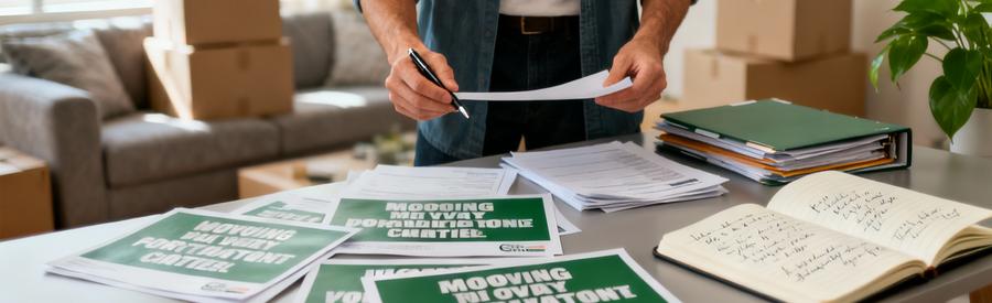 Personne comparant plusieurs offres de déménagement sur documents papier dans son salon à Argenteuil