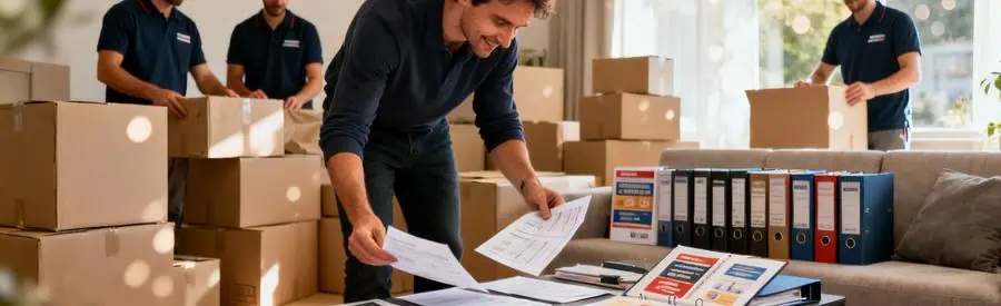 Personne comparant plusieurs offres de déménagement sur documents papier avec cartons en arrière-plan à Athis-Mons