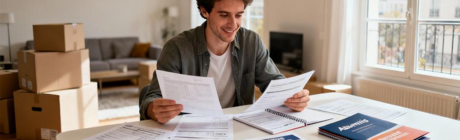 Personne comparant plusieurs offres de déménagement sur documents papier dans salon à Aubervilliers