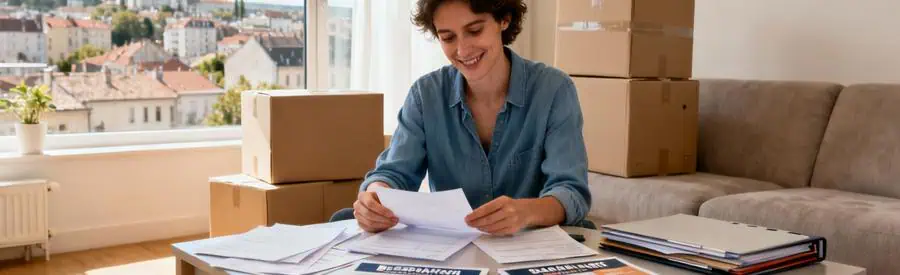 Personne comparant plusieurs offres de déménagement sur documents papier dans salon à Besançon