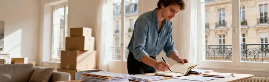 Personne comparant plusieurs offres de déménagement sur documents papier dans salon bordelais lumineux