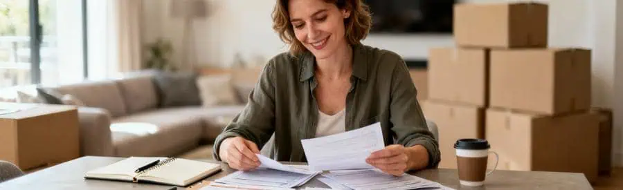 Personne comparant plusieurs offres de déménagement sur documents papier dans salon moderne à Caen
