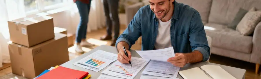 Personne comparant plusieurs offres de déménagement sur documents papier avec cartons en arrière-plan à Calais
