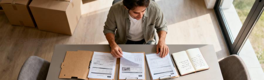 Comparaison Offres Demenagement Champigny Sur Marne Personne comparant plusieurs offres papier de déménagement sur table avec cartons en arrière-plan