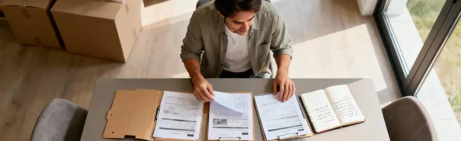 Personne comparant plusieurs offres papier de déménagement sur table avec cartons en arrière-plan
