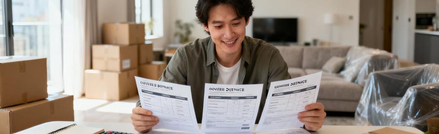 Comparaison Offres Demenagement Champs Sur Marne Personne comparant plusieurs offres de déménagement sur documents papier dans appartement Champs-sur-Marne