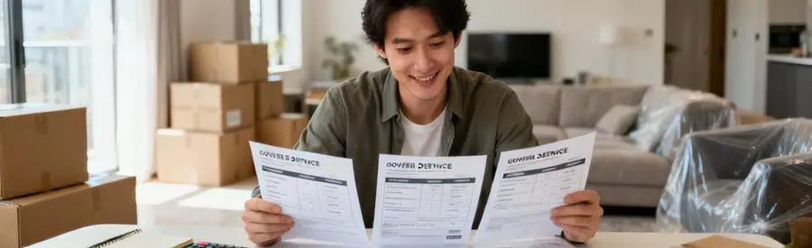 Personne comparant plusieurs offres de déménagement sur documents papier dans appartement Champs-sur-Marne