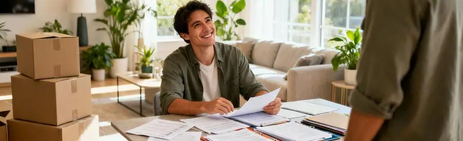 Personne comparant sereinement plusieurs offres de déménagement sur documents papier dans salon moderne à Chatou