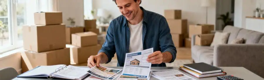 Personne comparant plusieurs offres de déménagement sur table avec documents papier au Chesnay-Rocquencourt