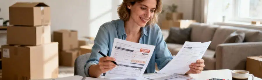 Comparaison Offres Demenagement Clamart Personne comparant plusieurs offres de déménagement sur documents papier dans salon à Clamart