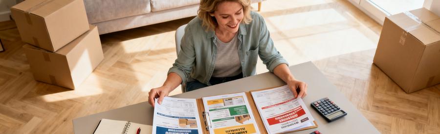 Comparaison Offres Demenagement Combs La Ville Personne comparant plusieurs offres de déménagement sur documents papier pour trouver le meilleur tarif