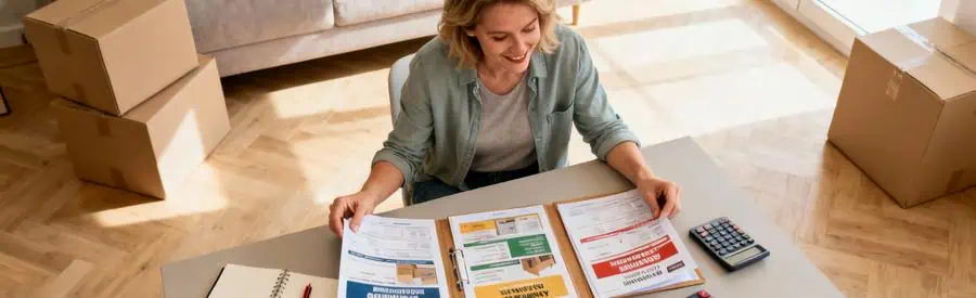 Personne comparant plusieurs offres de déménagement sur documents papier pour trouver le meilleur tarif