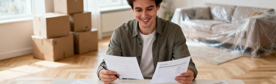 Comparaison Offres Demenagement Corbeil Essonnes Personne comparant plusieurs offres de déménagement sur documents papier dans son salon à Corbeil-Essonnes